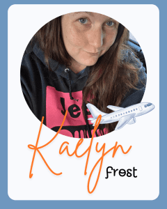 Person with airplane graphic and text